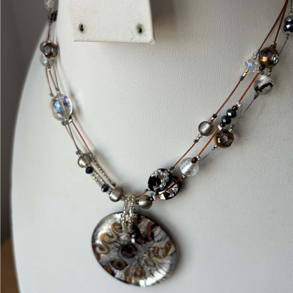 Vintage-Inspired Silver Tone Pendant Necklace Multi Strand